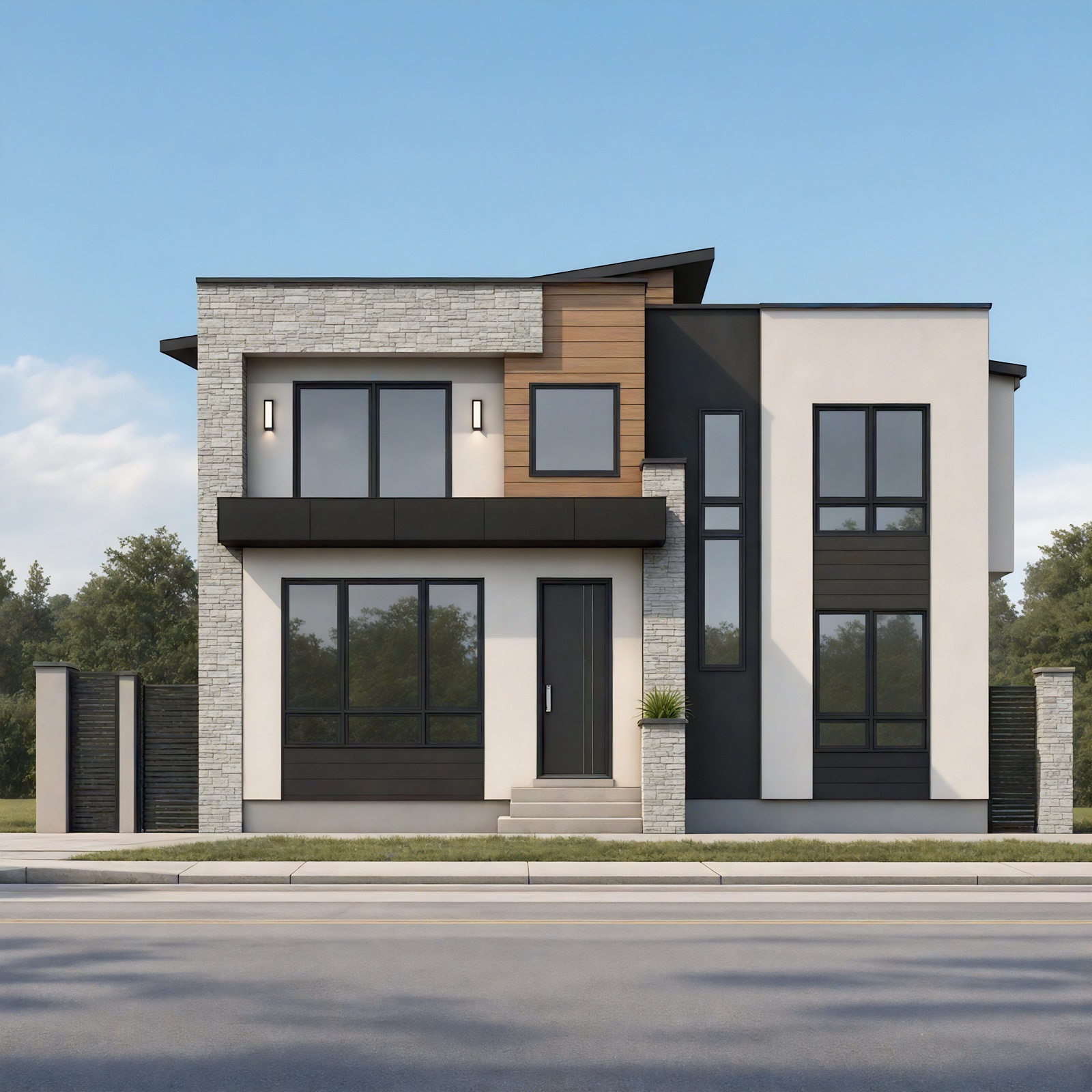 Modern two-story luxury custom home at 2831 63 Avenue SW, Calgary — architectural rendering with white stucco, black accents, stacked stone and wood paneling
